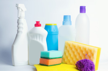 Cleaners on an isolated white background, housekeeping , supplies, concept of cleanliness