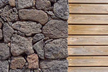 Stone wall background. stone and wood wall, wood texture as background. Wood background wall .