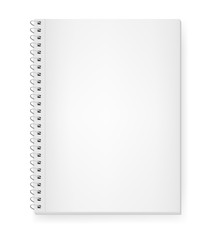 Realistic vector image of a notepad, top view. White sheets of paper. White sheets of a notebook fastened by a light silvery spiral. Isolated on white, 3d. Vector EPS 10 illustration.