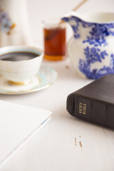 Morning Bible Study with a Hot Drink with a Blue Tea Set