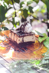 sweet, pastry, portion, gourmet, food, cake, chocolate, dessert, colorful, decorate, part, party, light, icing, cook, delicious, piece, tasty, white, wooden, slice, restaurant, cocoa, plate, pie, eat,