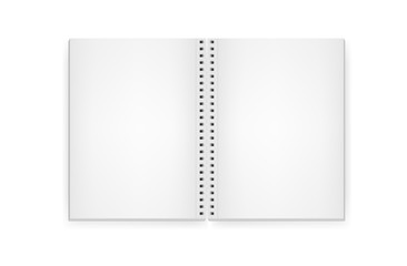 Realistic vector image of an open notepad, top view. White sheets of paper. White sheets of a notebook fastened by a light silvery spiral. Isolated on white, 3d. Vector EPS 10 illustration.