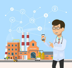 Smart industrial 4.0 . Industry revolution in medicine vector illustration. Engineer doctor manage the plant with smartphone flat design