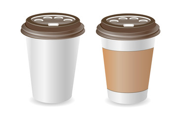 Paper blank coffee cup. Plastic and carton brown coffee or tea cup mock Up. Isolated on white background. Vector
