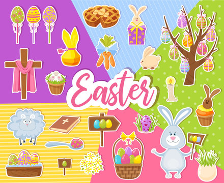 Big Collection of Happy Easter Objects. Flat Design Vector Illustration. Set of Spring Religious Christian Colorful Items.