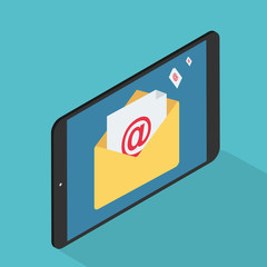 E-mail, Isometric conceptual composition poster with sending sms, notifications on mobile phones, illustration, smartphone with messages, read and unread messages, concept of mail on mobile phone.