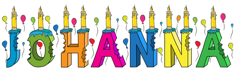 Johanna female first name bitten colorful 3d lettering birthday cake with candles and balloons