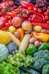 Vegetables and fruits fresh overhead mix large group rainbow background