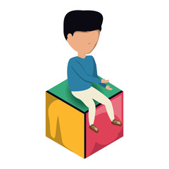 avatar young man sitting on a cube seat over white background, colorful design. vector illustration