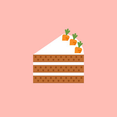 Carrot cake illustration in flat design with cute little carros isolated on pink background. Dessert icon for pastry shops and restaurants.