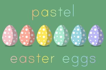 Pastel easter egg collection with dot pattern and shadows isolated on green background.