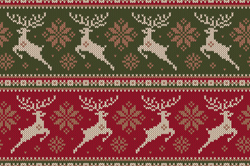 Fototapeta premium Winter Holiday Sweater with Reindeers and Snowflakes. Seamless Knitting Pattern. Wool Knitted Sweater Design