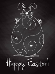 Sketch of Easter bunny and Easter egg on the chalkboard. Vector. Happy easter.