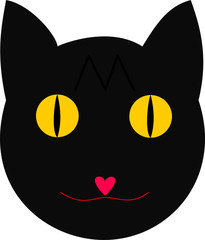 Head of grey black cat in a vector illustration. Animated cat face with heart on nose. The image is isolated in a transparent background.
