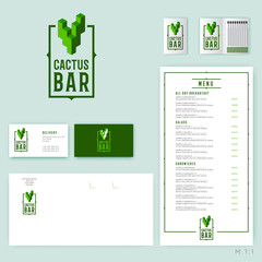 Cactus  bar logo.. Original logo of the Mexican restaurant. Cubic emblem of a cactus and letters in a frame. Identity. Menu, business card, brand matches, envelope.