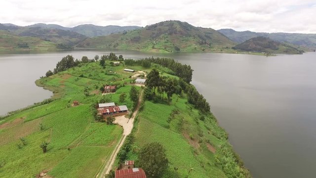 Aerial view of a village on a lagoon 
