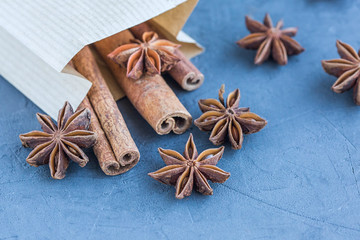 Cinnamon and star anise in paper bag close-up