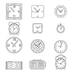 Set icon line clock watch, alarm clock and stopwatch