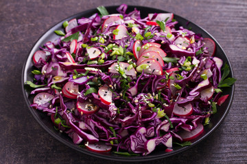 Plate of red cabbage, radish, chives, parsley and sesame seeds salad. Vegetarian or vegan healthy food concept