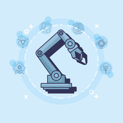 Artificial intelligence design with robotic arm and related icons around over white circle and blue background, colorful design vector illustration