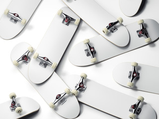 Bunch of blank white skateboards. 3d rendering