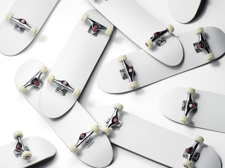 Bunch of blank white skateboards. 3d rendering © ekostsov