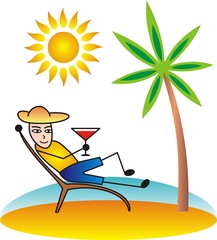 A man on the beach in a chaise longue. Coast of the sea, palm tree and sun. Cartoon drawing