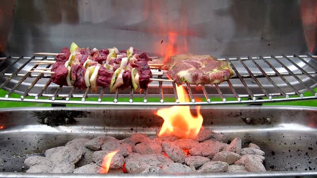 Schaschlik und Steaks auf dem Grillrost