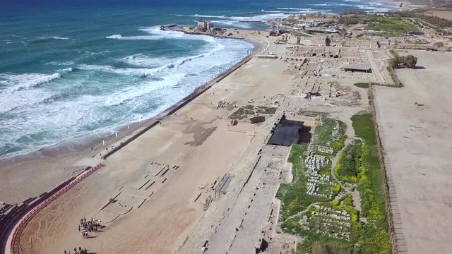 Aerial footage of the ancient remains of the coastal city of Caesarea, built under Herod the Great during 22&ndash;10 BC