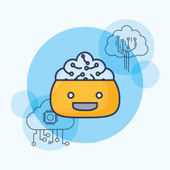cartoon Robot with artificial intelligence related icons over background, colorful design vector illustration