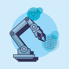 Artificial intelligence design with robotic arm and related icons around over blue background, colorful design vector illustration