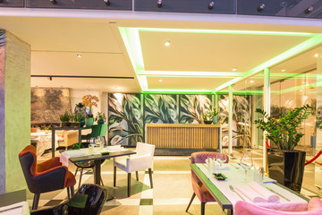 Interior of a new luxury restaurant in the evening