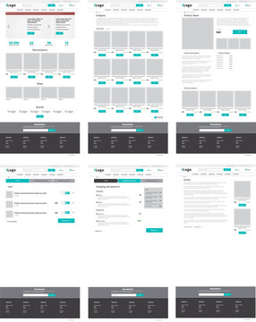 Set of ecommerce website templates. Homepage, category, product detail, shopping cart, article - modern vector flat design layouts