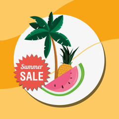Summer sale design with watermelon and tropical palm  icon over yellow background, colorful design vector illustration