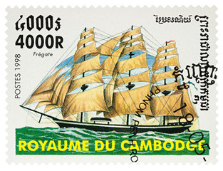 Sailing ship frigate on postage stamp