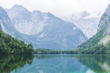 Plakat Great summer panorama of the Obersee lake. Green morning scene of Swiss Alps, Nafels village location, Switzerland, Europe. Beauty of nature concept background.