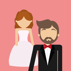 avatar wedding couple with decorative wreath of hearts around over pink background, colorful design. vector illustration