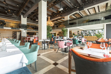 Interior of a new luxury restaurant in the morning