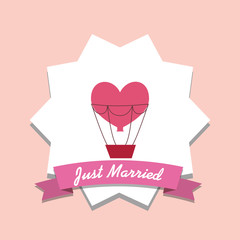 Just married design with hot air balloon in heart shape and decorative frame and ribbon over pink background, colorful design. vector illustration