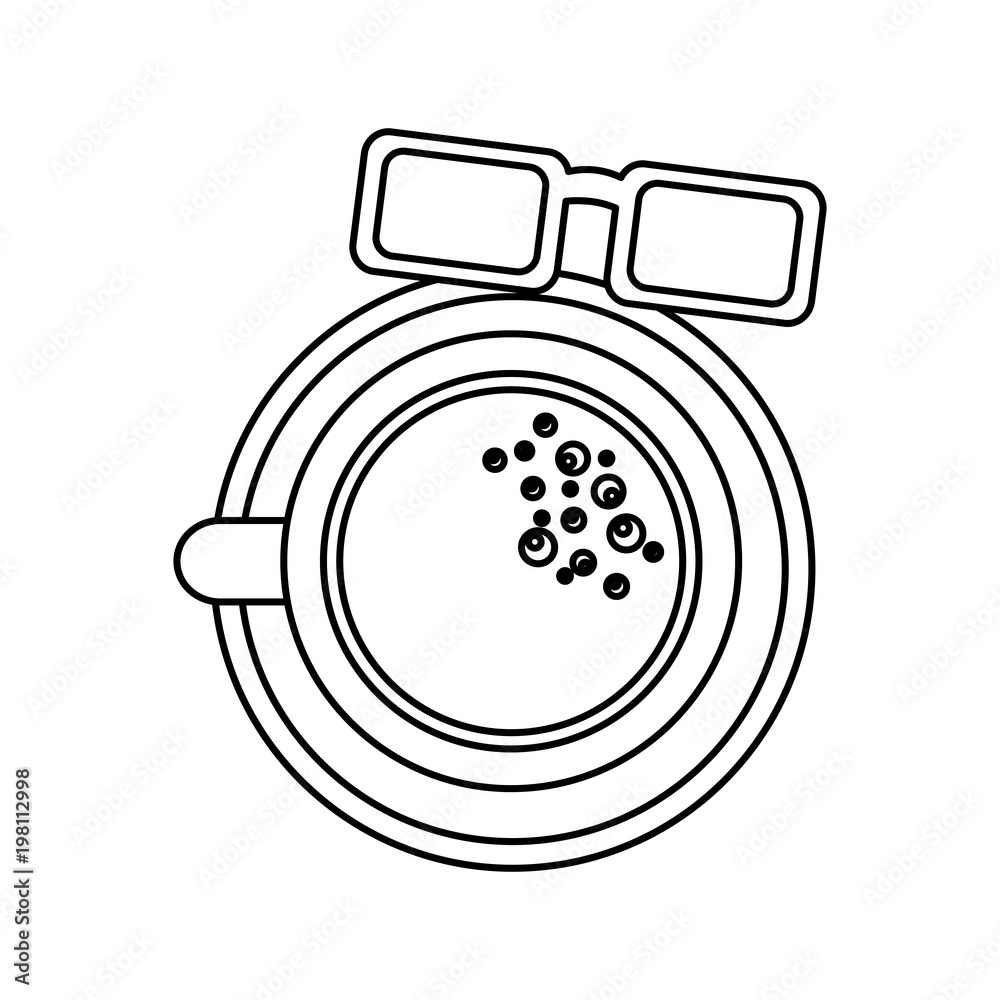 Sticker coffee cup on dish and glasses top view vector illustration outline design