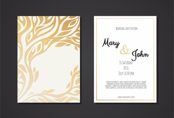 Fototapeta na wymiar Vintage wedding invitation templates. Cover design with gold leaves ornaments.