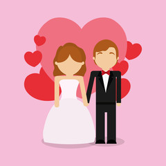 Wedding couple over heart and pink  background, colorfu design vector illustration