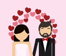 Wedding couple and decorative wreath of hearts  over pink background, colorfu design vector illustration