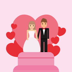 Wedding cake with just married couple topper over hearts and pink  background, colorful design vector illustration