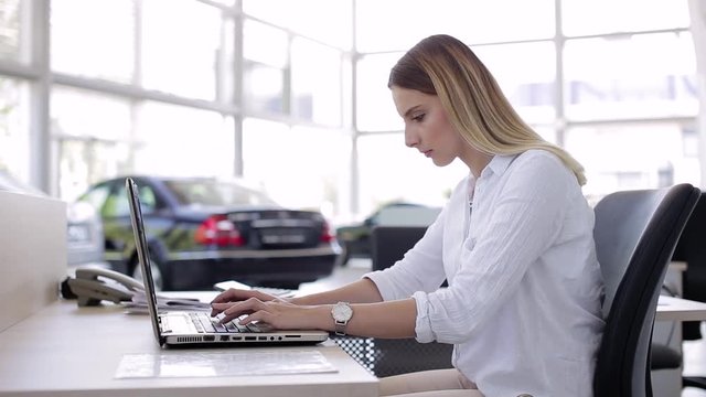 Car Dealer Manager Working On Laptop