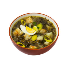 Spinach, Potato and Sorrel Soup Isolated on White Background. Selective focus.