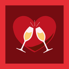 champagne glasses over red heart and background, colorful design vector illustration
