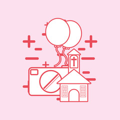 church and camera with balloons over pink background, colorful line desing vector illustration