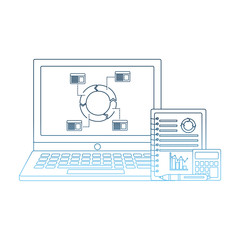 laptop with cycle diagram statistic business chart papers vector illustration gradient blue color