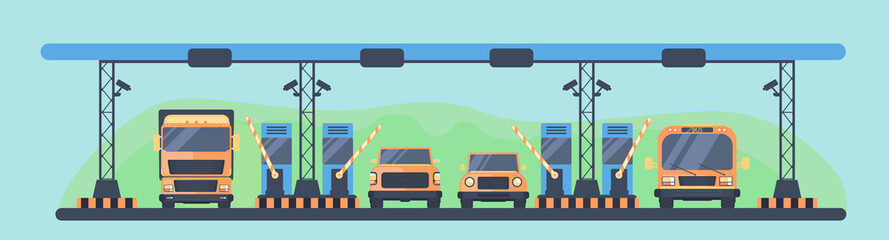 Checkpoint on the toll road. Payment of tolls on the toll road. Higway toll area with transport. © Ilya_kovshik